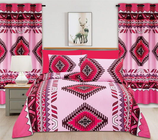Bohemian Diamond Geometric Bedding & Curtain Set – Berry Pink & Mauve