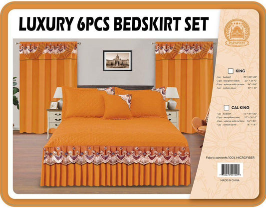 Luxury 6-Piece Orange Quilted Bedskirt & Curtain Set - 100% Microfiber