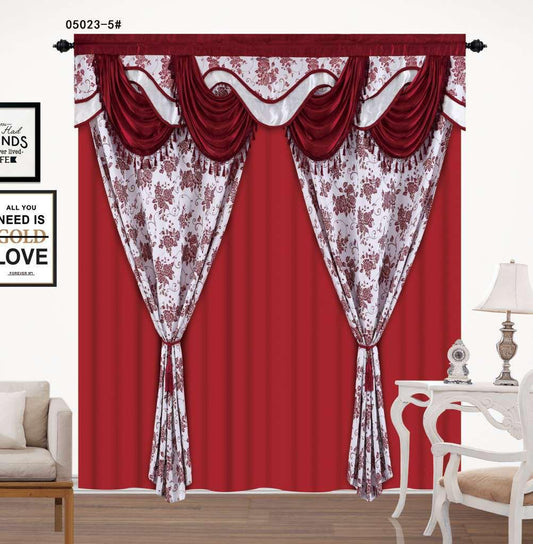 Luxury Crimson Rose Jacquard Curtain Set with Ornate Waterfall Valance