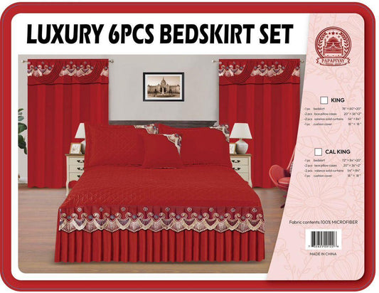 Luxury 6-Piece Red Quilted Bedskirt & Curtain Set - 100% Microfiber