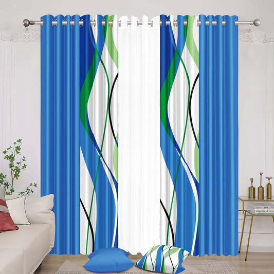 Modern Blue & Green Abstract Wave Curtain Set - 2 Matching Pillows