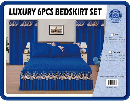 Luxury 6-Piece Royal Blue Quilted Bedskirt & Curtain Set - 100% Microfiber