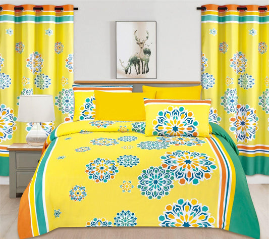 Vibrant Solar Mandala Bedding & Curtain Set – Citron Yellow, Teal, and Tangerine