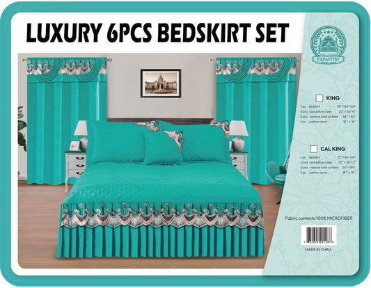 Luxury 6-Piece Teal Green Quilted Bedskirt Set - 100% Microfiber