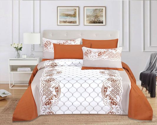 Luxury 4pc Duvet Cover Set - Burnt Orange & White Lace Geometric Print Bedding
