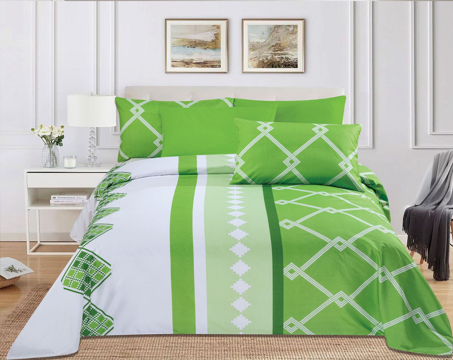 Vibrant Lime Green Geometric Bedding Set - Modern Diamond Pattern & Solid Accent Shams