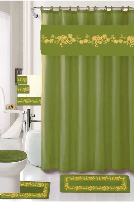 Elegant Olive & Gold Floral Bathroom Ensemble