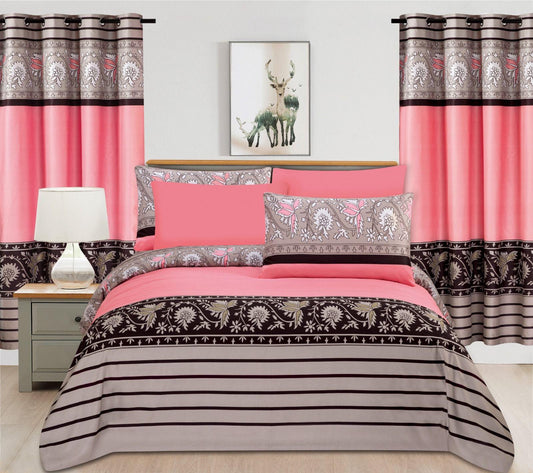Elegant Floral & Stripe Bedding Set with Matching Curtains – Blush Pink & Slate Grey