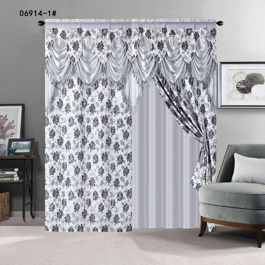 Elegant Floral Jacquard Curtain Set with Waterfall Valance - Silver & Black