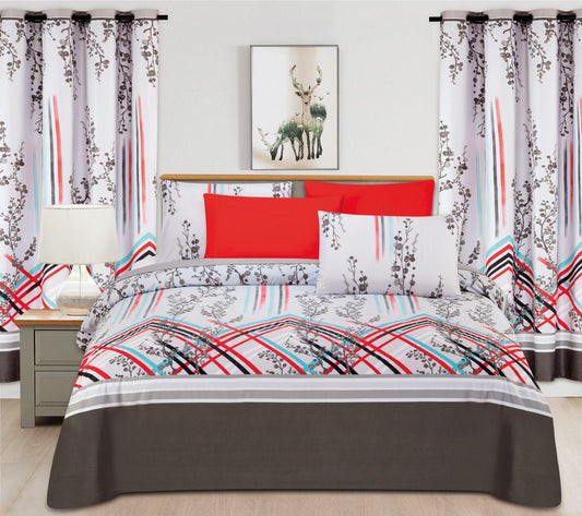 Modern Geometric Botanical Bedding & Curtain Set – Crimson, Teal, and Charcoal