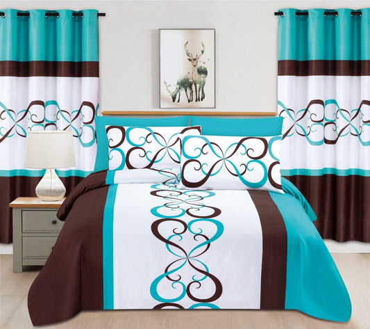 Infinity Scroll: Teal & Espresso Geometric Comforter & Curtain Set