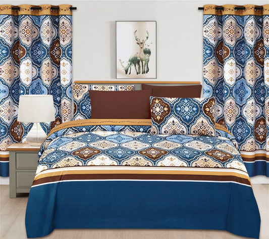 Bohemian Medallion Bedding & Curtain Ensemble – Deep Navy and Russet Gold
