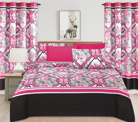 Magenta Mosaic: Butterfly & Floral Lattice Comforter & Curtain Set