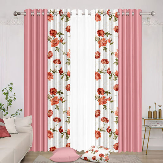 Blush Pink & Coral Floral Curtain Set - Romantic Peony Design with 2 Pillows