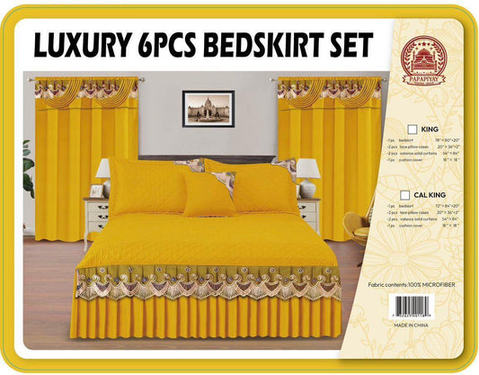 Luxury 6-Piece Mustard Yellow Quilted Bedskirt & Curtain Set - 100% Microfiber