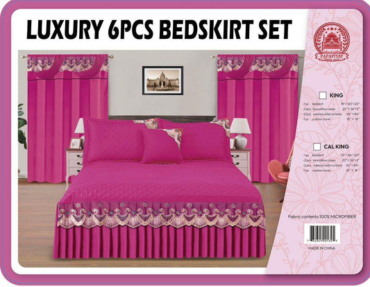 Luxury 6-Piece Fuchsia Pink Quilted Bedskirt & Curtain Set - 100% Microfiber