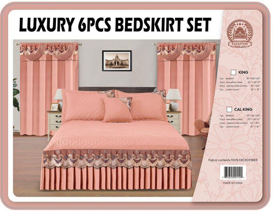 Luxury 6-Piece Salmon Pink Quilted Bedskirt & Curtain Set - 100% Microfiber