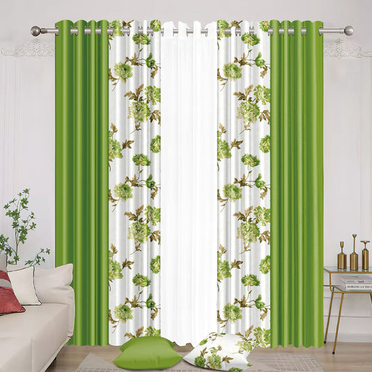 Green Floral Curtain Set - Modern Botanical Leaf Design with 2 Pillows