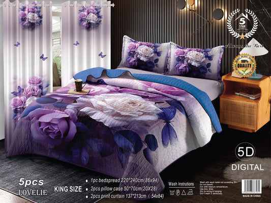 Enchanted Amethyst Rose 5-Piece Quilted Bedding & Curtain Set