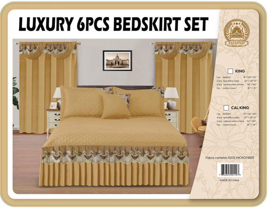 Luxury 6-Piece Gold Quilted Bedskirt & Curtain Set - 100% Microfiber