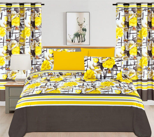Sunbeam Meadow: Yellow Floral & Graphic Stripe Comforter & Curtain Set