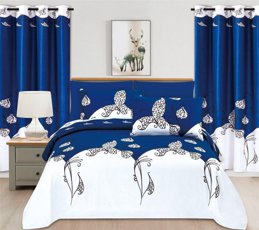 Sapphire Wings: Navy & White Butterfly Scroll Comforter & Curtain Set